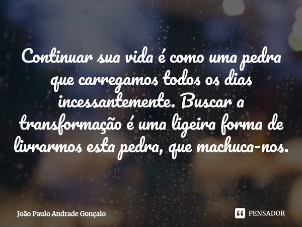 ⁠Continuar sua vida é como uma pedra que carregamos todos os dias incessantemente. Buscar a transformação é uma ligeira forma de livrarmos esta pedra, que machu... Frase de João Paulo Andrade Gonçalo.