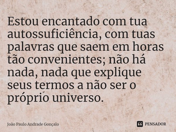 ⁠Estou encantado com tua autossuficiência, com tuas palavras que saem em horas tão convenientes; não há nada, nada que explique seus termos a não ser o próprio ... Frase de João Paulo Andrade Gonçalo.