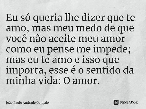 ⁠Eu só queria lhe dizer que te amo, mas meu medo de que você não aceite meu amor como eu pense me impede; mas eu te amo e isso que importa, esse é o sentido da ... Frase de João Paulo Andrade Gonçalo.