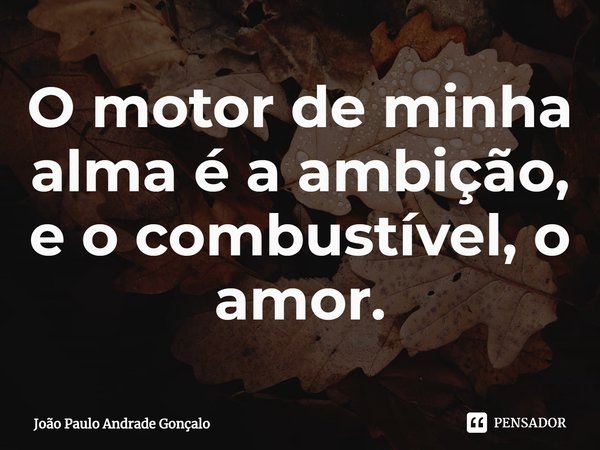 ⁠O motor de minha alma é a ambição, e o combustível, o amor.... Frase de João Paulo Andrade Gonçalo.