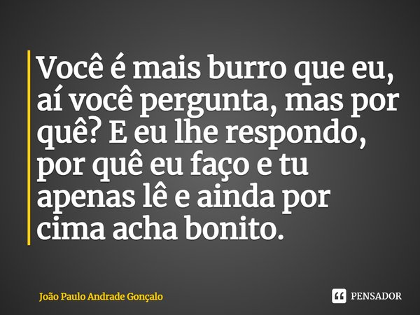 ⁠Você é mais burro que eu, aí você pergunta, mas por quê? E eu lhe respondo, por quê eu faço e tu apenas lê e ainda por cima acha bonito.... Frase de João Paulo Andrade Gonçalo.