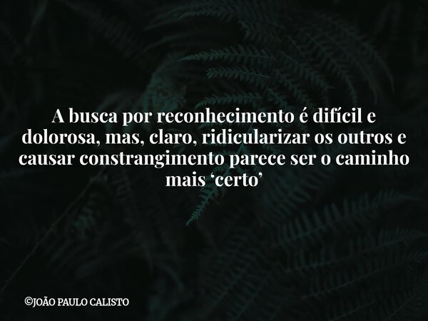 A busca por reconhecimento é difícil e dolorosa, mas, claro, ridicularizar os outros e causar constrangimento parece ser o caminho mais ‘certo’... Frase de JOÃO PAULO CALISTO.