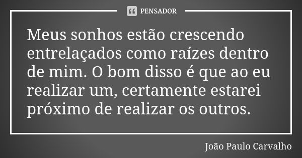 Meus sonhos estão crescendo entrelaçados como raízes dentro de mim. O bom disso é que ao eu realizar um, certamente estarei próximo de realizar os outros.... Frase de João Paulo Carvalho.