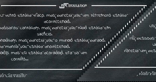 O vento estava fraco, mas parecia que um terremoto estava acontecendo. Os pássaros cantavam, mas parecia que tudo estava em silêncio. As pessoas andavam, mas pa... Frase de João Paulo Carvalho.
