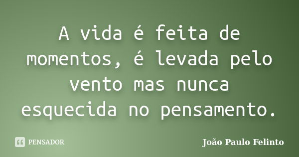 A vida é feita de momentos, é levada pelo vento mas nunca esquecida no pensamento.... Frase de Joao Paulo Felinto.