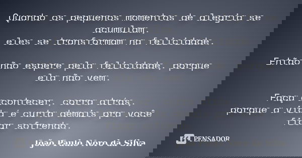 Quando os pequenos momentos de alegria se acumulam, eles se transformam na felicidade. Então não espere pela felicidade, porque ela não vem. Faça acontecer, cor... Frase de João Paulo Noro da Silva.