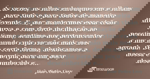 Às vezes, os olhos enlouquecem e olham para tudo e para todos de maneira diferente. E, por mantermos essa visão turva e com forte inclinação ao pessimismo, sent... Frase de João Pedro Levy.