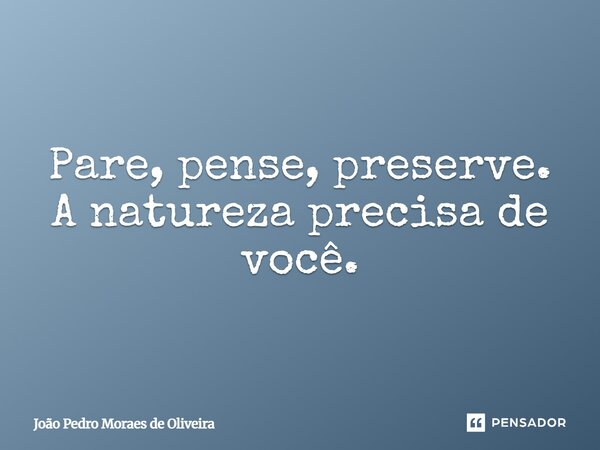 ⁠Pare, pense, preserve. A natureza precisa de você.... Frase de João Pedro Moraes de Oliveira.