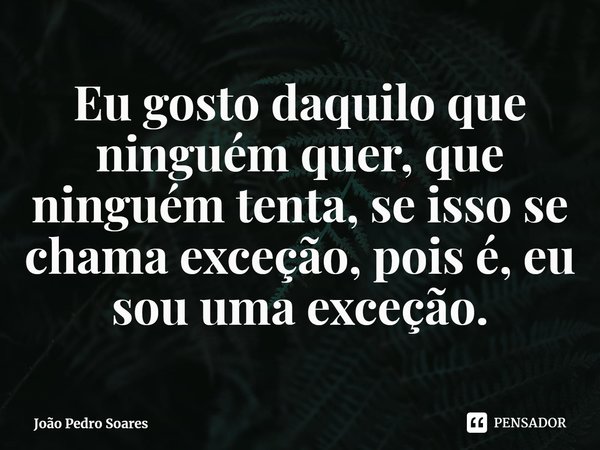 ⁠Eu gosto daquilo que ninguém quer, que ninguém tenta, se isso se chama exceção, pois é, eu sou uma exceção.... Frase de João Pedro Soares.
