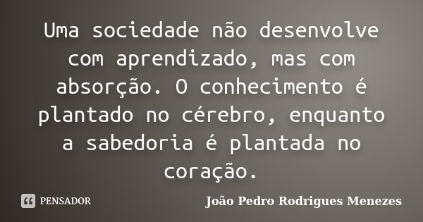 Uma sociedade não desenvolve com aprendizado, mas com absorção. O conhecimento é plantado no cérebro, enquanto a sabedoria é plantada no coração.... Frase de João Pedro Rodrigues Menezes.