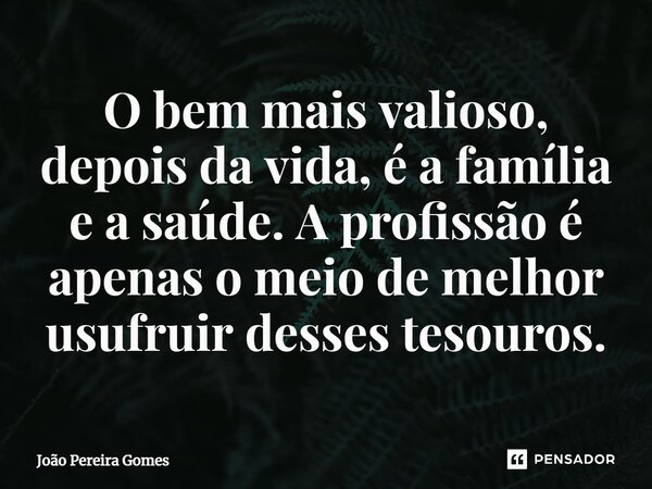 ⁠O bem mais valioso, depois da vida, é a família e a saúde. A profissão é apenas o meio de melhor usufruir desses tesouros.... Frase de João Pereira Gomes.