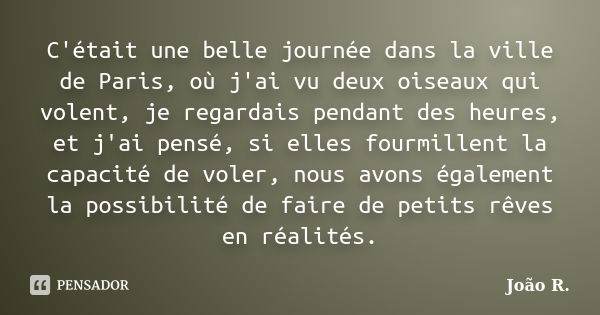 C'était une belle journée dans la ville de Paris, où j'ai vu deux oiseaux qui volent, je regardais pendant des heures, et j'ai pensé, si elles fourmillent la ca... Frase de João R..