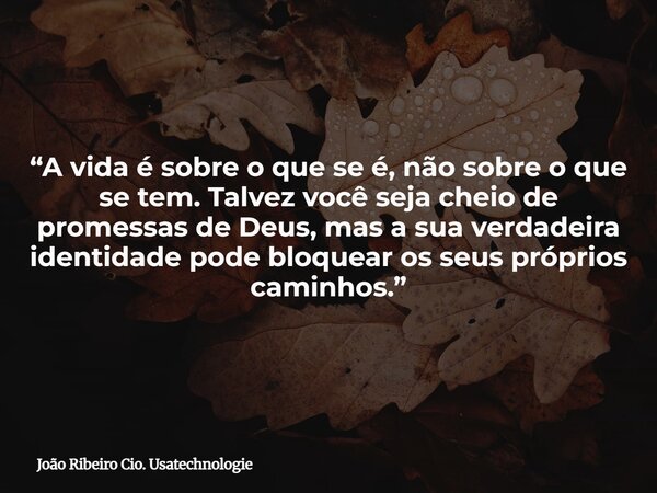 “A vida é sobre o que se é, não sobre o que se tem. Talvez você seja cheio de promessas de Deus, mas a sua verdadeira identidade pode bloquear os seus próprios ... Frase de João Ribeiro Cio. Usatechnologie.
