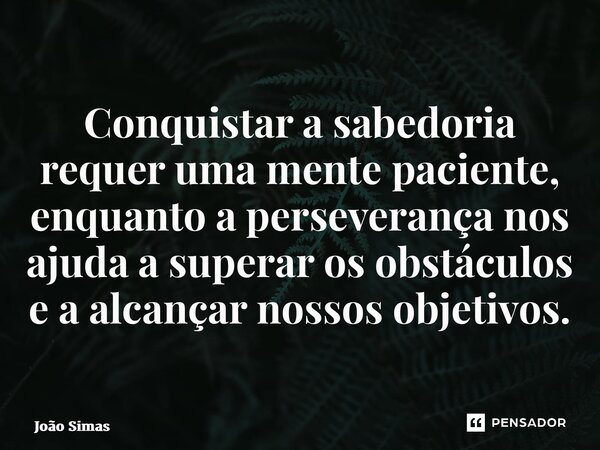 ⁠Conquistar a sabedoria requer uma mente paciente, enquanto a perseverança nos ajuda a superar os obstáculos e a alcançar nossos objetivos.... Frase de Joao Simas.