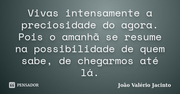 Vivas intensamente a preciosidade do agora. Pois o amanhã se resume na possibilidade de quem sabe, de chegarmos até lá.... Frase de João Valério Jacinto.