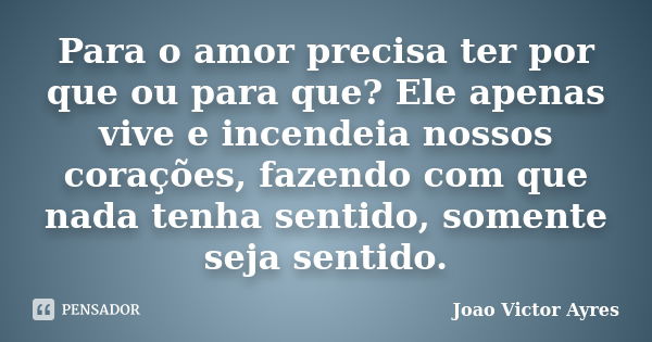 Para o amor precisa ter por que ou para que? Ele apenas vive e incendeia nossos corações, fazendo com que nada tenha sentido, somente seja sentido.... Frase de João Victor Ayres.