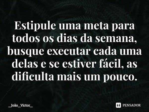 ⁠Estipule uma meta para todos os dias da semana, busque executar cada uma delas e se estiver fácil, as dificulta mais um pouco.... Frase de _João_Victor_.