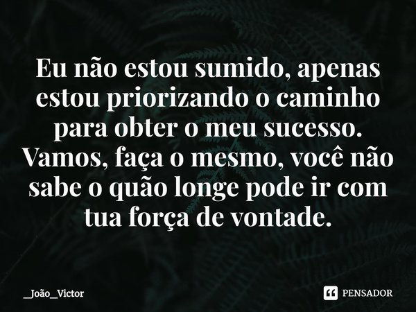 ⁠Eu não estou sumido, apenas estou priorizando o caminho para obter o meu sucesso.
Vamos, faça o mesmo, você não sabe o quão longe pode ir com tua força de vont... Frase de _João_Victor.