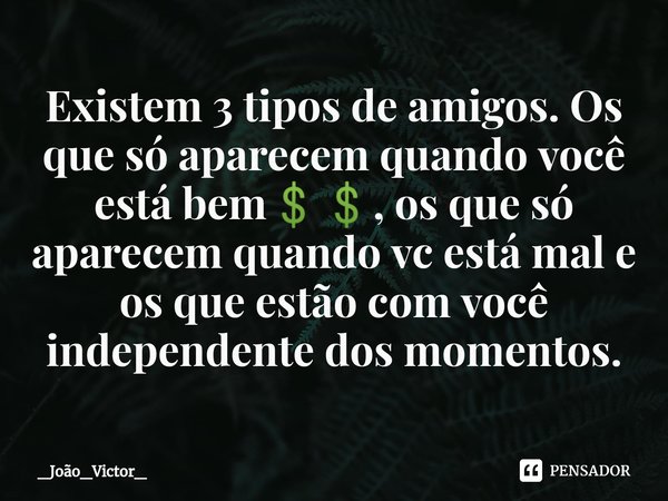 ⁠Existem 3 tipos de amigos. Os que só aparecem quando você está bem💲💲, os que só aparecem quando vc está mal e os que estão com você independente dos momentos.... Frase de _João_Victor_.