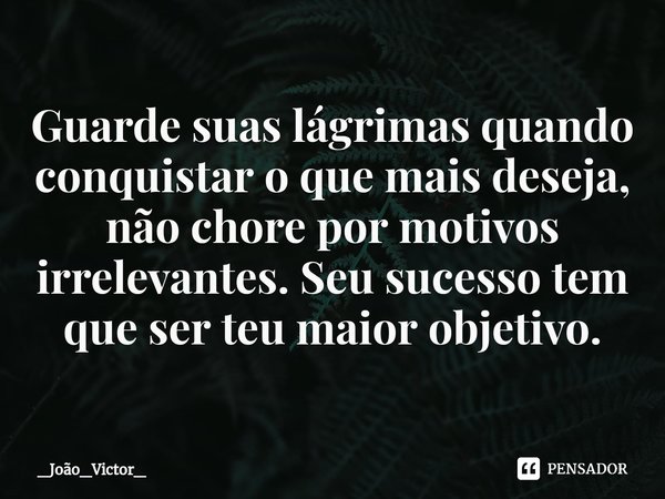 ⁠Guarde suas lágrimas quando conquistar o que mais deseja, não chore por motivos irrelevantes. Seu sucesso tem que ser teu maior objetivo.... Frase de _João_Victor_.