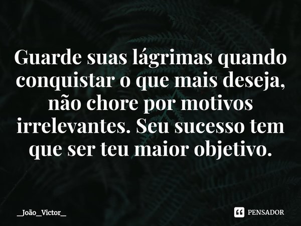 ⁠Guarde suas lágrimas quando conquistar o que mais deseja, não chore por motivos irrelevantes. Seu sucesso tem que ser teu maior objetivo.... Frase de _João_Victor_.