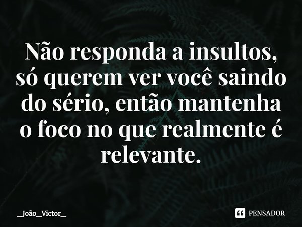 ⁠Não responda a insultos, só querem ver você saindo do sério, então mantenha o foco no que realmente é relevante.... Frase de _João_Victor_.