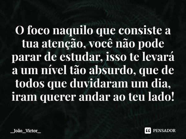 ⁠O foco naquilo que consiste a tua atenção, você não pode parar de estudar, isso te levará a um nível tão absurdo, que de todos que duvidaram um dia, iram quere... Frase de _João_Victor_.