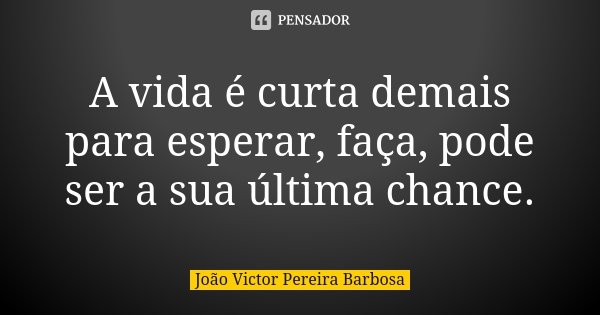 A vida é curta demais para esperar, faça, pode ser a sua última chance.... Frase de João Victor Pereira Barbosa.