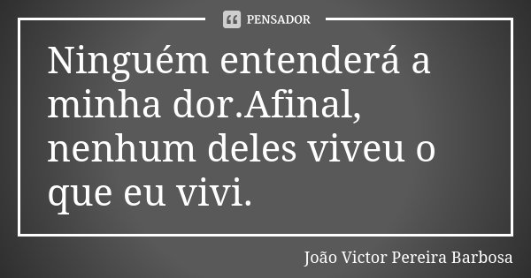 Ninguém entenderá a minha dor.Afinal, nenhum deles viveu o que eu vivi.... Frase de João Victor Pereira Barbosa.