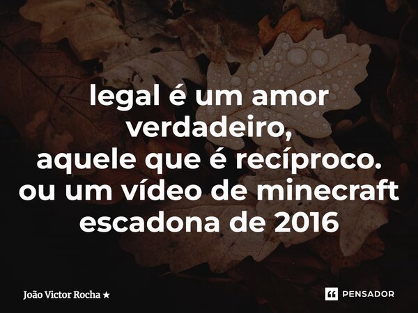 ⁠legal é um amor verdadeiro, aquele que é recíproco. ou um vídeo de minecraft escadona de 2016... Frase de João Victor Rocha.