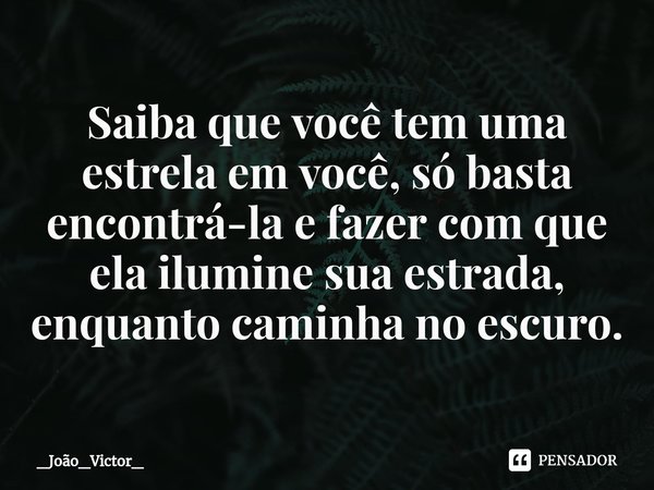 ⁠Saiba que você tem uma estrela em você, só basta encontrá-la e fazer com que ela ilumine sua estrada, enquanto caminha no escuro.... Frase de _João_Victor_.