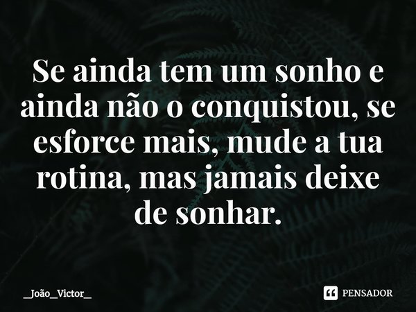 ⁠Se ainda tem um sonho e ainda não o conquistou, se esforce mais, mude a tua rotina, mas jamais deixe de sonhar.... Frase de _João_Victor_.