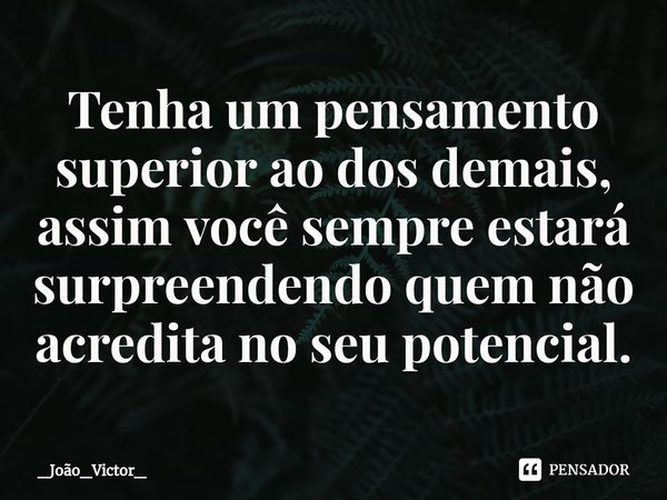 ⁠Tenha um pensamento superior ao dos demais, assim você sempre estará surpreendendo quem não acredita no seu potencial.... Frase de _João_Victor_.