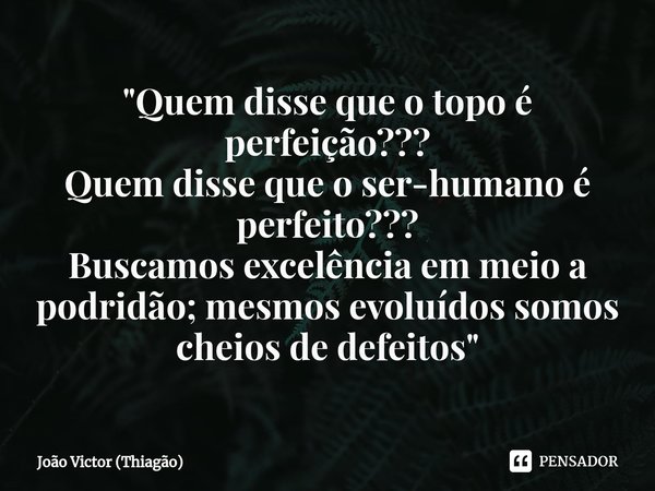 ⁠"Quem disse que o topo é perfeição??? Quem disse que o ser-humano é perfeito??? Buscamos excelência em meio a podridão; mesmos evoluídos somos cheios de d... Frase de João Victor (Thiagão).