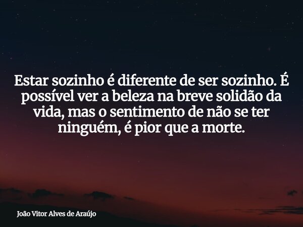 Estar sozinho é diferente de ser sozinho. É possível ver a beleza na breve solidão da vida, mas o sentimento de não se ter ninguém, é pior que a morte.... Frase de João Vitor Alves de Araújo.