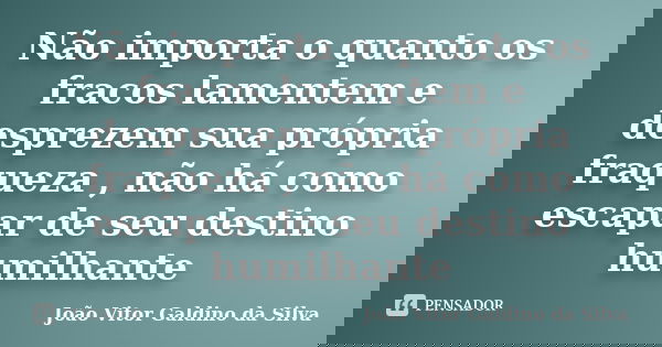 Não importa o quanto os fracos lamentem e desprezem sua própria fraqueza , não há como escapar de seu destino humilhante... Frase de João Vitor Galdino da Silva.