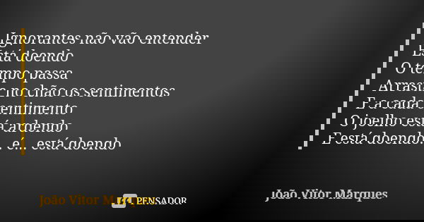 Ignorantes não vão entender Está doendo O tempo passa Arrasta no chão os sentimentos E a cada sentimento O joelho está ardendo E está doendo... é... está doendo... Frase de João Vitor Marques.