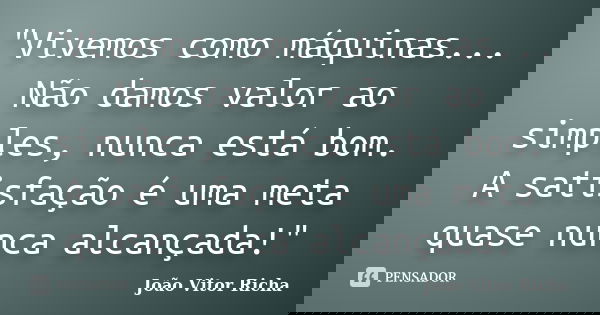 "Vivemos como máquinas... Não damos valor ao simples, nunca está bom. A satisfação é uma meta quase nunca alcançada!"... Frase de João Vitor Richa.