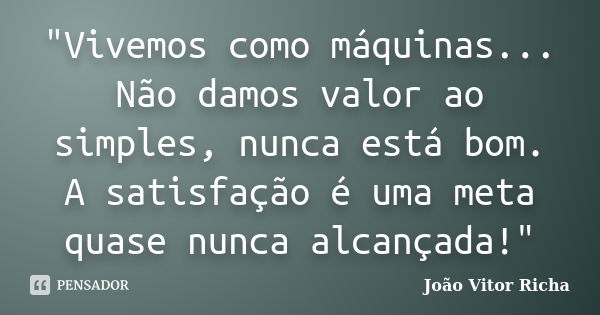 "Vivemos como máquinas... Não damos valor ao simples, nunca está bom. A satisfação é uma meta quase nunca alcançada!"... Frase de João Vitor Richa.