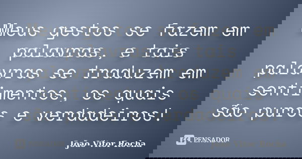 Meus gestos se fazem em palavras, e tais palavras se traduzem em sentimentos, os quais são puros e verdadeiros!... Frase de João Vitor Rocha.