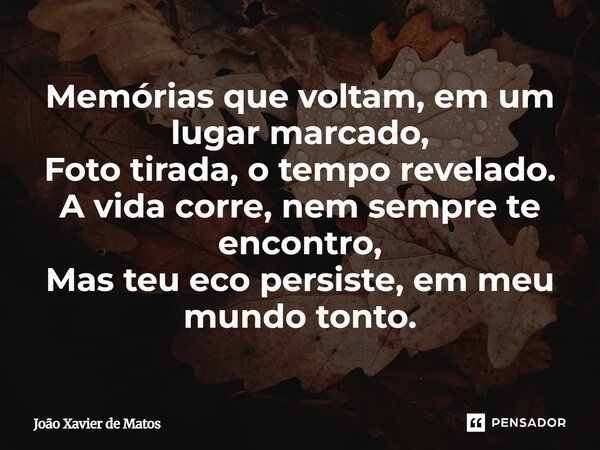 ⁠Memórias que voltam, em um lugar marcado, Foto tirada, o tempo revelado. A vida corre, nem sempre te encontro, Mas teu eco persiste, em meu mundo tonto.... Frase de João Xavier de Matos.