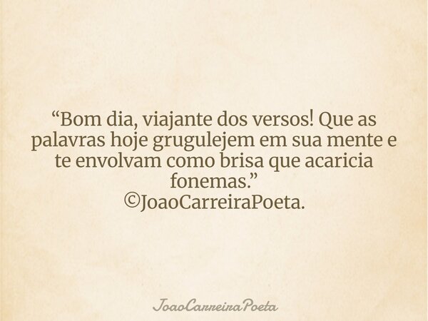 ⁠“Bom dia, viajante dos versos! Que as palavras hoje grugulejem em sua mente e te envolvam como brisa que acaricia fonemas.” ©JoaoCarreiraPoeta.... Frase de JoaoCarreiraPoeta.