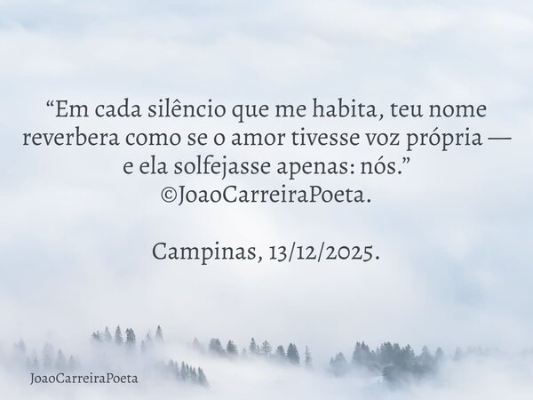 ⁠“Em cada silêncio que me habita, teu nome reverbera como se o amor tivesse voz própria — e ela solfejasse apenas: nós.” ©JoaoCarreiraPoeta. Campinas, 13/12/202... Frase de JoaoCarreiraPoeta.