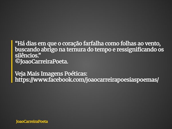 “Há dias em que o coração farfalha como folhas ao vento, buscando abrigo na ternura do tempo e ressignificando os silêncios.” ©JoaoCarreiraPoeta. Veja Mais Ima... Frase de JoaoCarreiraPoeta.