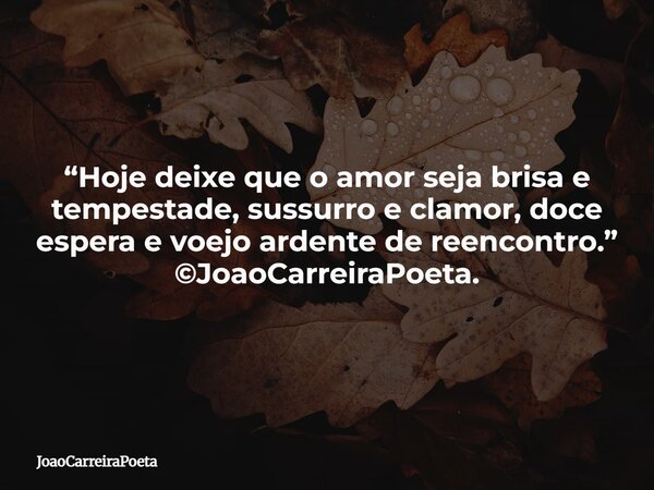 “Hoje deixe que o amor seja brisa e tempestade, sussurro e clamor, doce espera e voejo ardente de reencontro.” ©JoaoCarreiraPoeta.⁠... Frase de JoaoCarreiraPoeta.