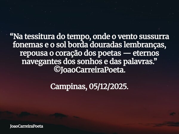 ⁠“Na tessitura do tempo, onde o vento sussurra fonemas e o sol borda douradas lembranças, repousa o coração dos poetas — eternos navegantes dos sonhos e das pal... Frase de JoaoCarreiraPoeta.