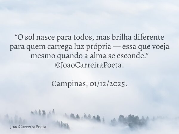 ⁠“O sol nasce para todos, mas brilha diferente para quem carrega luz própria — essa que voeja mesmo quando a alma se esconde.” ©JoaoCarreiraPoeta. Campinas, 01/... Frase de JoaoCarreiraPoeta.