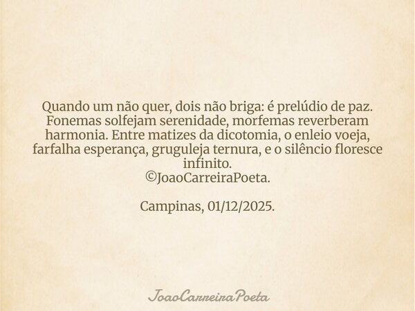 Quando um não quer, dois não briga: é prelúdio de paz. Fonemas solfejam serenidade, morfemas reverberam harmonia. Entre matizes da dicotomia, o enleio voeja, fa... Frase de JoaoCarreiraPoeta.