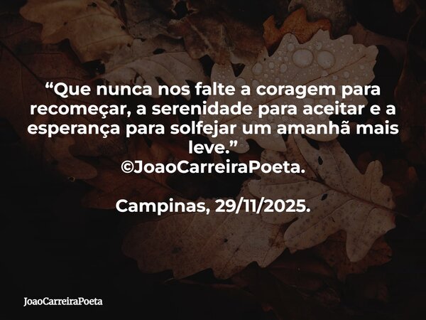 ⁠“Que nunca nos falte a coragem para recomeçar, a serenidade para aceitar e a esperança para solfejar um amanhã mais leve.” ©JoaoCarreiraPoeta. Campinas, 29/11/... Frase de JoaoCarreiraPoeta.