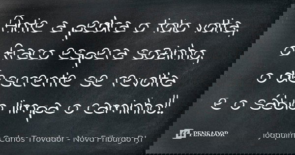 Ante a pedra o tolo volta, o fraco espera sozinho, o descrente se revolta e o sábio limpa o caminho!!... Frase de Joaquim Carlos Trovador - Nova Friburgo RJ.